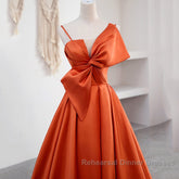 A Line Orange Satin Semi Formal Prom Dress Sweet Bow Birthday Party Dress